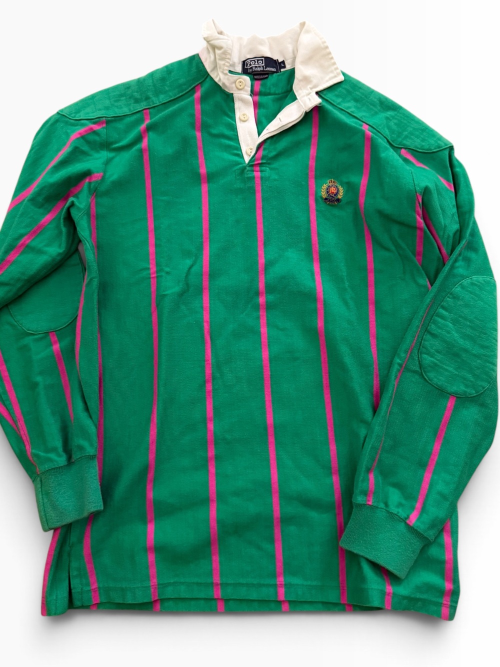 Vintage Ralph Lauren Green Rugby Polo with Pink Stripe & Cream Collar L